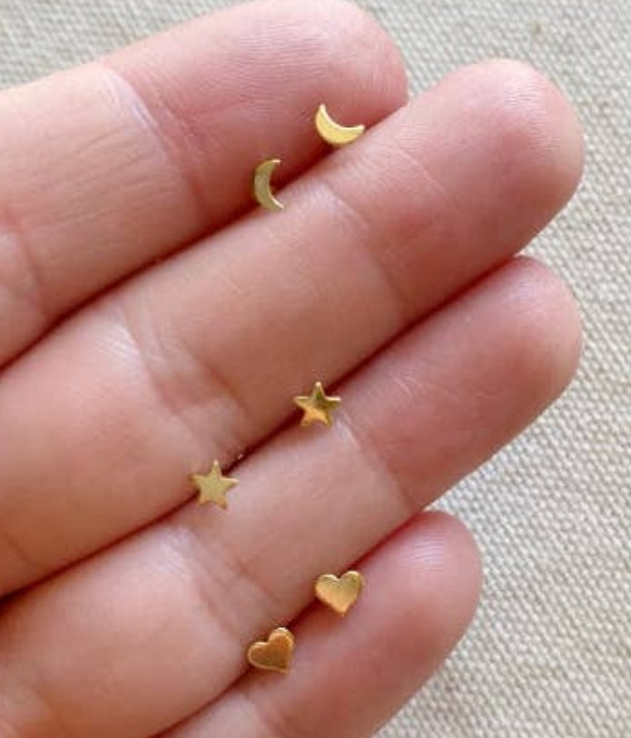 Gold Dainty Earrings Star, Moon & Heart